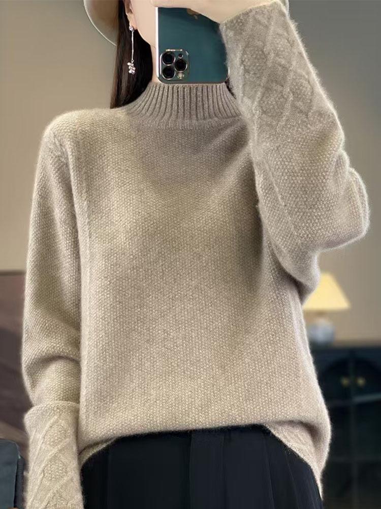 Women's 100% Wool Cable Knit Sweater, Half-High Neck, Loose Fit, Thick for Autumn/Winter
