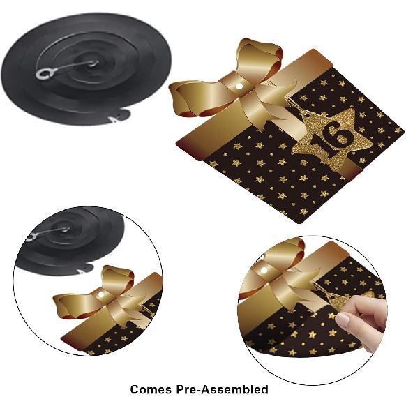 Happy 16th Birthday Hanging Swirls Streams Ceiling Decorations, Celebration 16 Foil Hanging Swirls with Cutouts for Sweet 16 Years Old Black and Gold