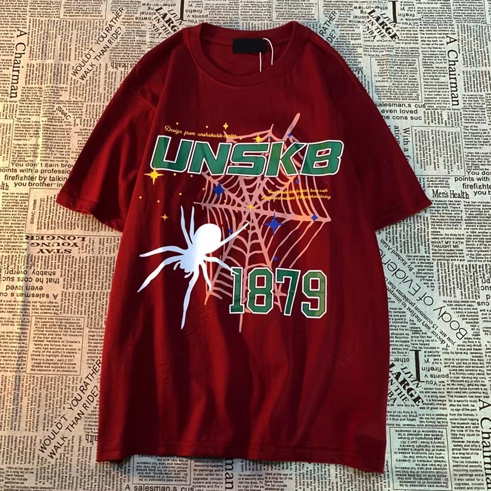 Knitted Love American Retro Spider Print Short Sleeve T-shirt Men Women Trendy Cotton Loose Versatile Couple Tops T Shirt