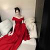 French Red Shoulder Light Luxury Christmas Dress Annual Meeting Dress