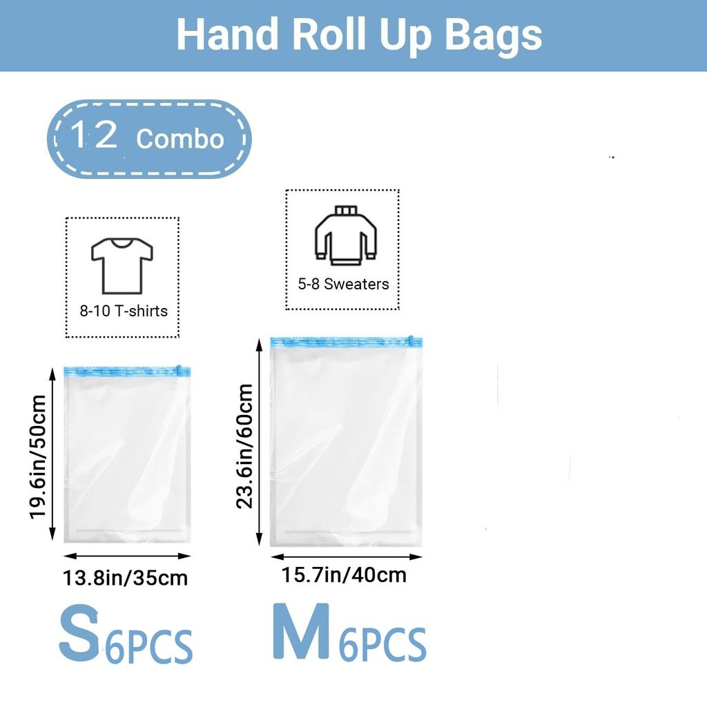 12 Roll Up Space Saver Travel Storage Bags Travel Accessories Compression Bag for Packing & Clothes, No Pump or Vacuum Needed