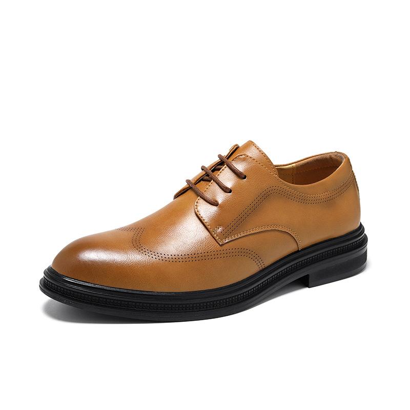 

Yellow pointed casual leather shoes lace-up carved formal wear business men s shoes live broadcast leather shoes 1359-W 44 жовтий