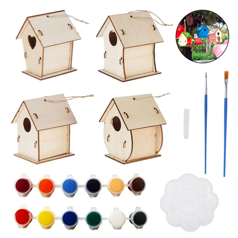4pcs DIY Wooden Birdhouse Kits Creative Arts and Crafts Set for Kids Christmas Gift Unfinished Wood Birdhouses Painting Kit