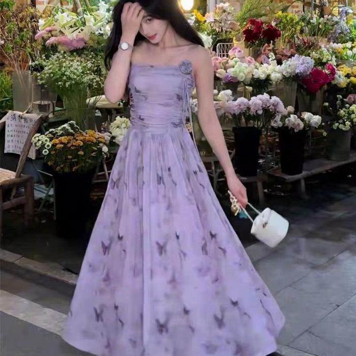 French Retro Floral Butterfly Suspender Dress Women's 2026 Summer New Temperament Waist Thin Fairy Skirt
