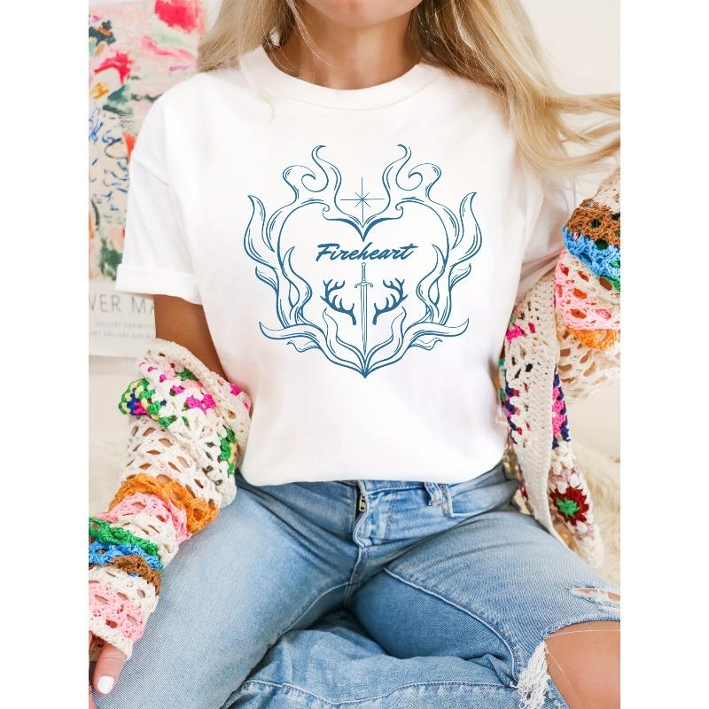 

Женская завораживающая футболка с принтом «Стеклянный трон» для читателей фэнтези-книг - Дизайн «Огненное сердце» с оленьими рогами, Повседневный топ с коротким рукавом и круглым вырезом, S белый