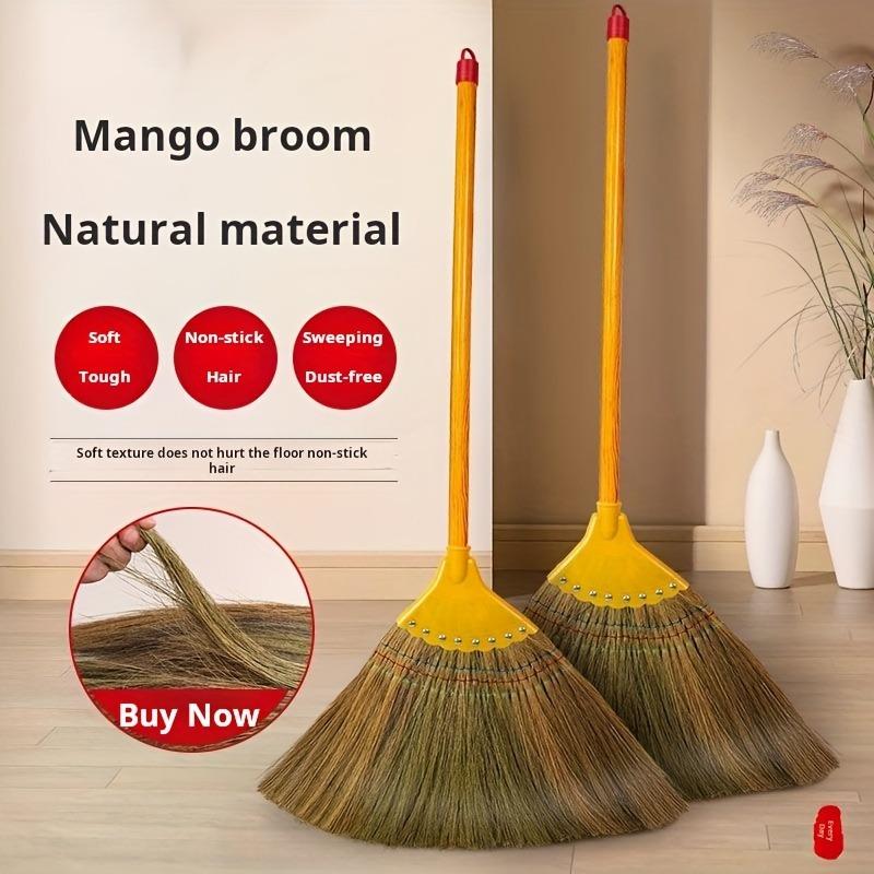 1pc Household Soft Bristle Broom, Long Handle Wooden Broom, Natural Mango Grass Broom for Home, Outdoor Use