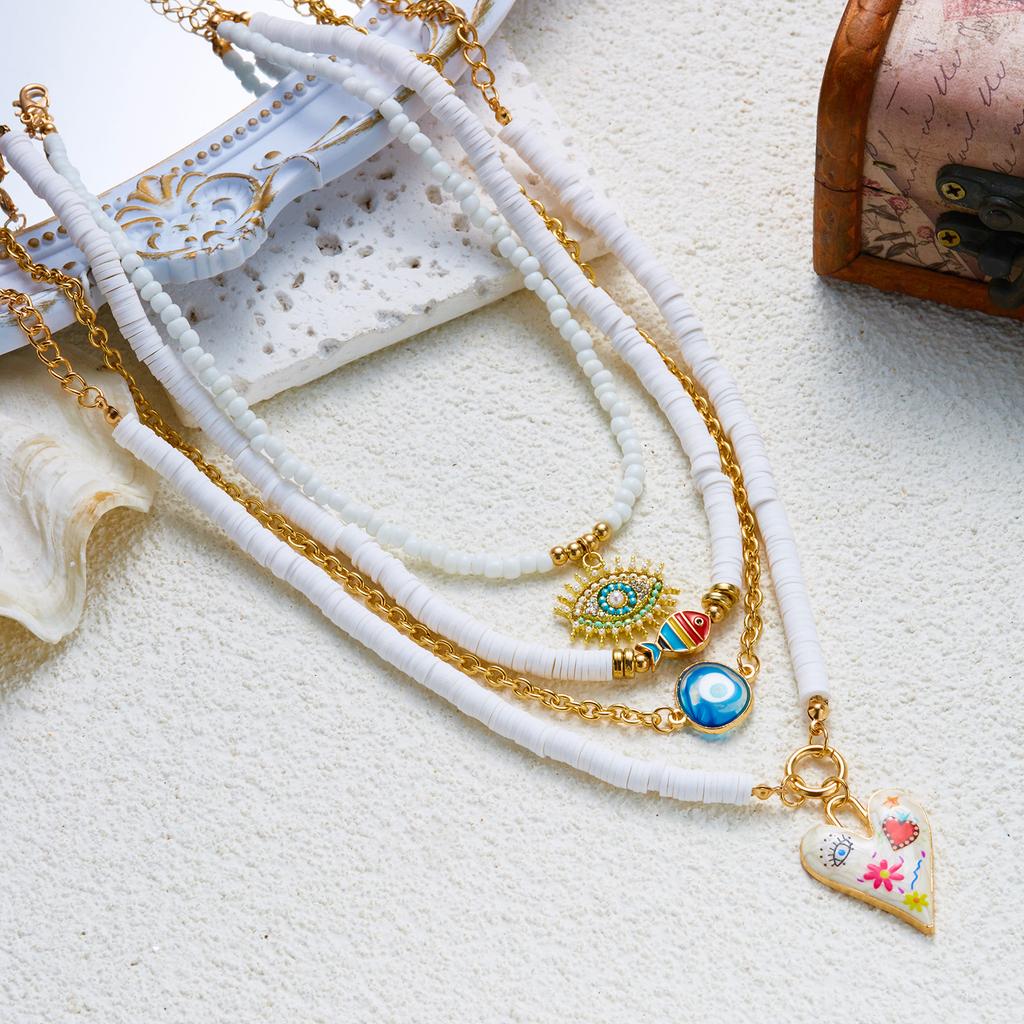 4er Set Glücksbringer Blaue Böse Auge Anhänger Halsketten für Damen Bohemian Bunte Herz Mehrschichtige Perlen Halsketten Gestapelter Schmuck