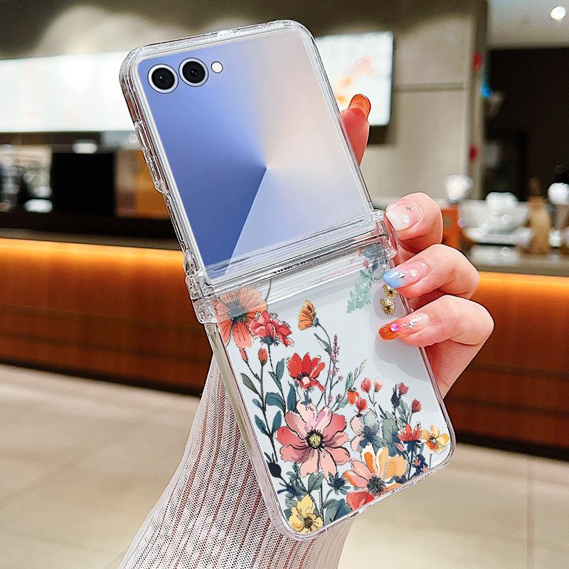 Colorful Flowers Patterned Phone Case For Samsung Galaxy Z Flip 7 FE 6 5 4 3 5G Folding Hard PC Clear Cover For Samsung Z Flip7