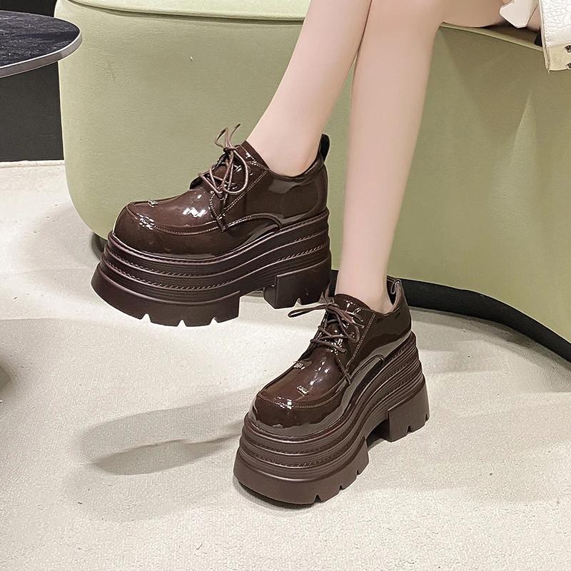 Autumn Women Patent Leather Chunky Sneakers Fur Loafers 10CM High Heels Platform Winter Warm Plush Casual Snow Shoes Flats Woman