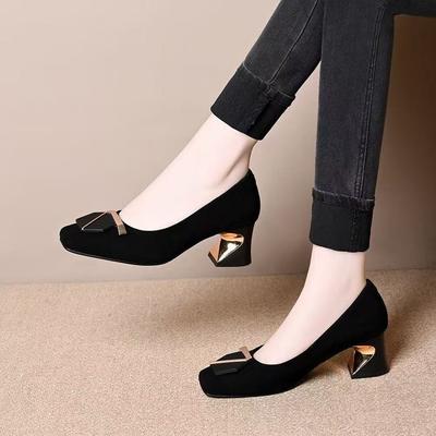 Suede Square Head Thick Heel French Temperament Light Mouth Single Shoes Autumn New Low-top Seven-character Buckle