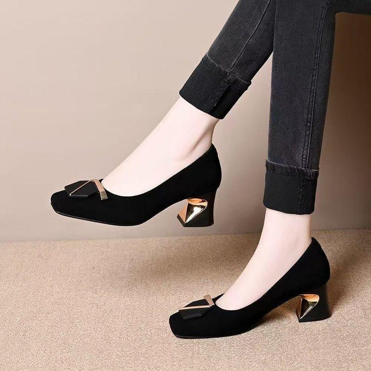 Shallow Single Shoes Autumn New French Square Head Soft Leather High Heels Shallow Temperament Comfortable Leather Shoes
