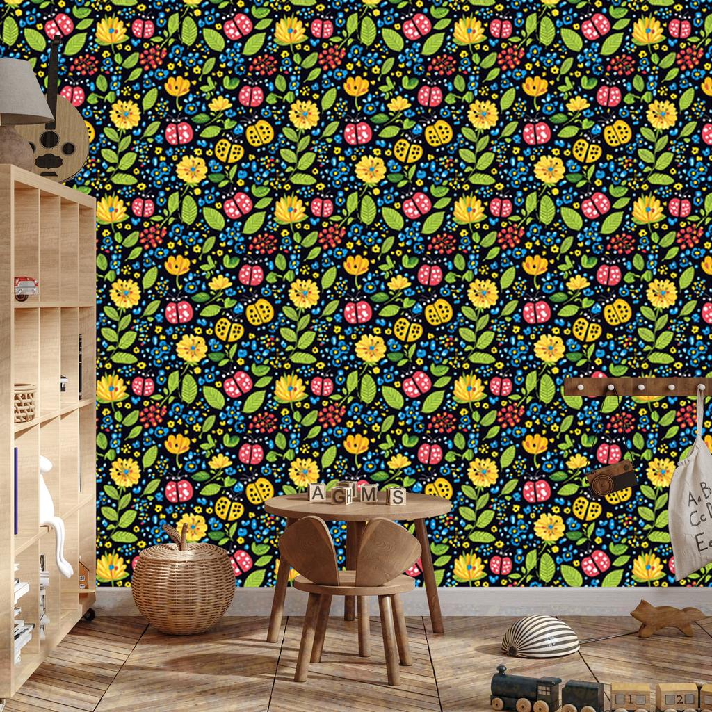 Ladybugs Wallpaper Navy Blue and Yellow for Living Room and Bedroom 50x1000