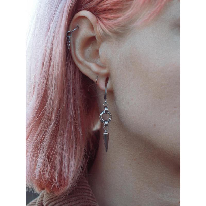 Gothic Punk Double Ring Spike Dangle Earrings in Stainless Steel
