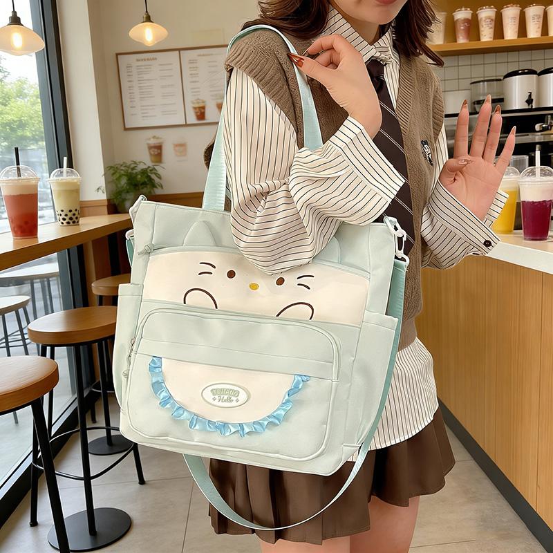 Cartoon Cat Crossbody Bag College Style Large Capacity Shoulder Tote Bag Student Class Book Bag