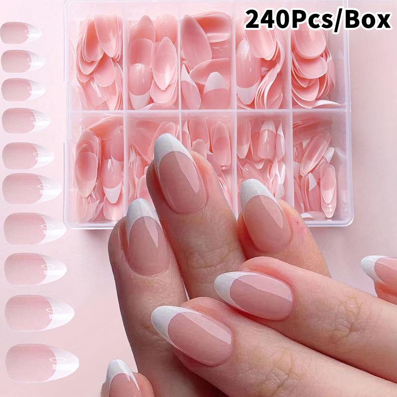 120/240/360 st/låda Glansiga Mjuka Gel Rosa Franska Manikyrspetsar Medium Mandel Vita Enkla Press-On Naglar Stor Kapacitet Låtsasnaglar