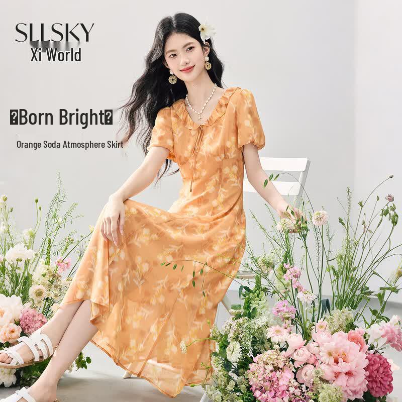 SLLSKY Women s Floral Ruffle Chiffon Dress L