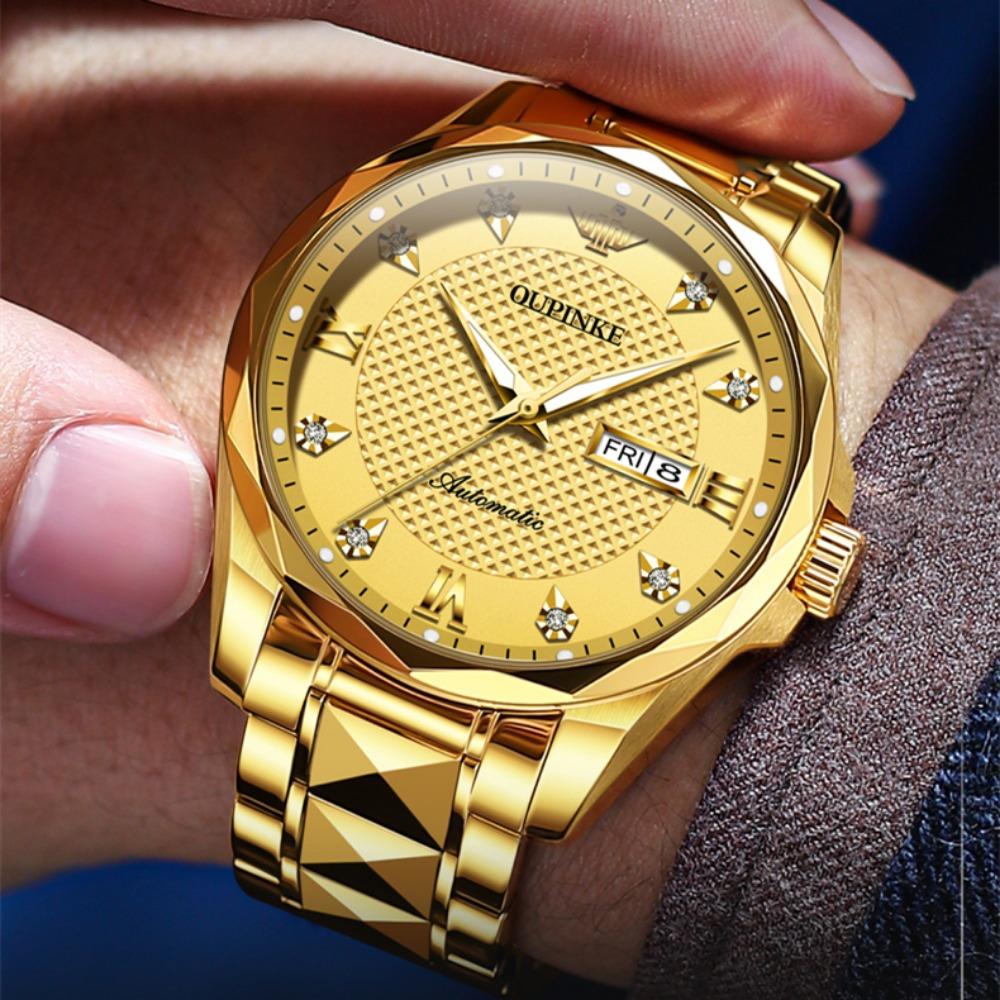 OUPINKE Men's Watch Automatic Mechanical Watch Stainless Steel Business Double Calendar Waterproof High-end Watch