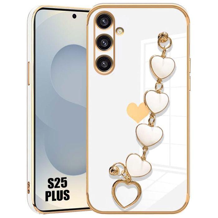 Coque pour Samsung Galaxy S25 Plus (S25+) Silicone Souple Antichoc avec Bracelet Cœur - Blanc