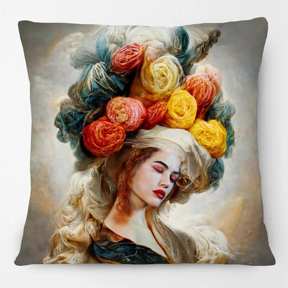 European Flower Painting Rose Dreams Woman Girls Portrait Poster Cushion Cover Birds Dove Home Pillow Case