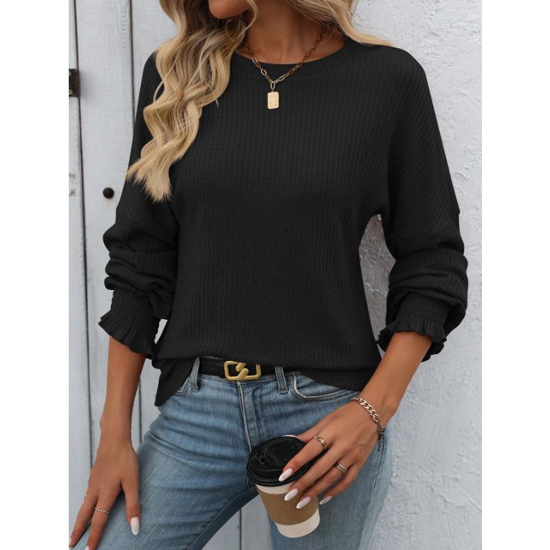 Spring Autumn Round Neck Solid Color Ruffles Tee Women Long Sleeve Loose Casual Pullover Tee Bottomed Top
