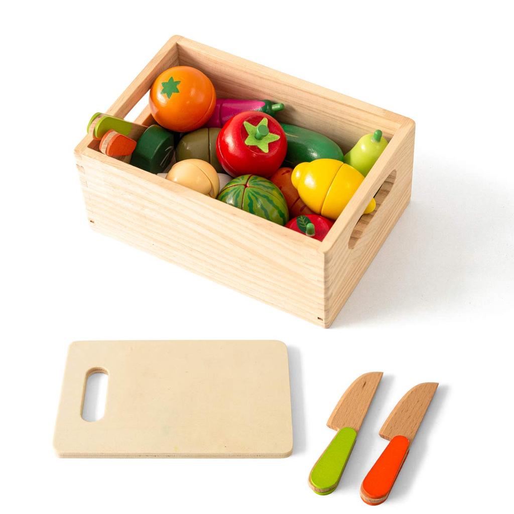 RiZKiZ Magnetic Embedded Wooden Assorted Fruit and Vegetable Play House Play House Magnet Total 16 Cutting Wooden Box Cutting Educational Toy Set,