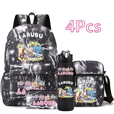 4Pcs/set Cute Printed Backpack Teenger Student Boy Girl Bookbag Schoolbag Travel Bag Outdoor 750Ml Water Bottle Kid Gift