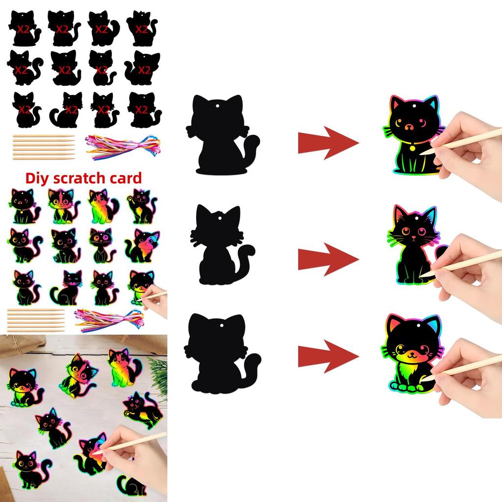 Katzenthemen-Rubbellos-Set für Geburtstagsfeier-Dekoration mit Glitzerfinish und DIY-Aufhängung für Kinderveranstaltungen