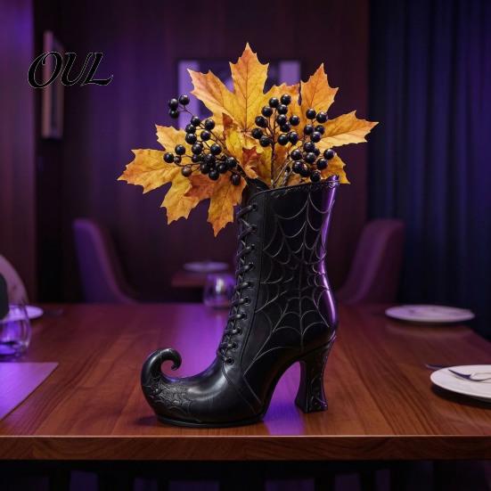 Mysterious Desktop Accent Gothic Witch Boot Vase, Halloween Table Centerpiece Black Spider Web Autumn Seasonal Display High Heel, Flower Holder
