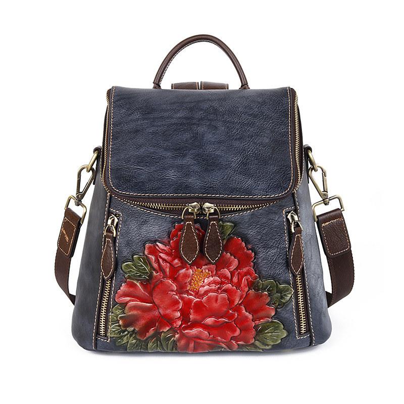 Винтажный дизайн, большой цветочный тисненый рюкзак, натуральная кожа, сумки через плечо для женщин, дамский кошелек GZW 29cm*26cm*14cm чёрный