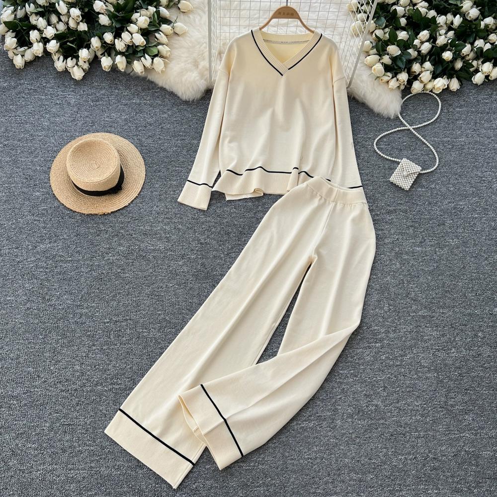 

Осенне-зимний трикотажный свитер, брюки, комплект из двух предметов, женский свитер с V-образным вырезом, топы и широкие брюки, спортивный костюм One Size бежевый