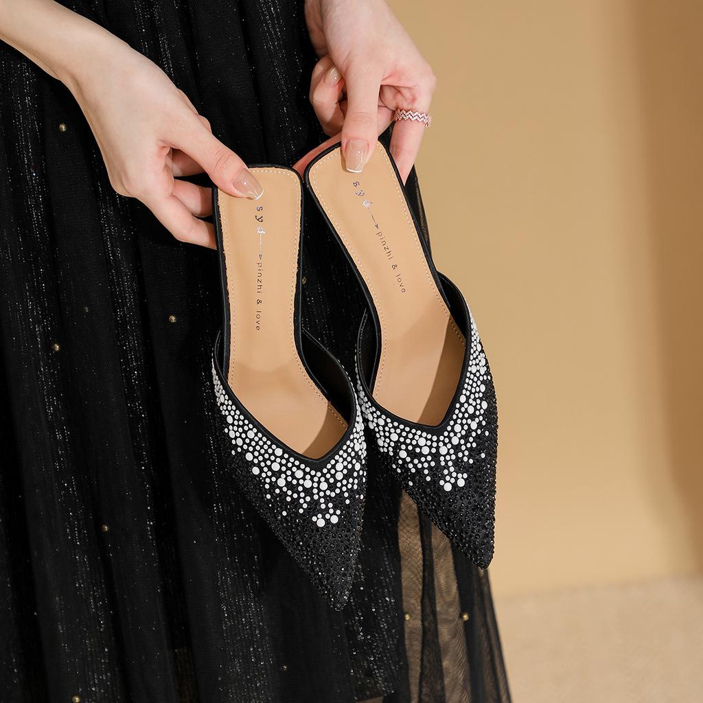 Баотоу напіввідкриті туфлі для жіночого літнього взуття нові стрази тонкий каблук гостроносі високі підбори для жіночих модних босоніжок