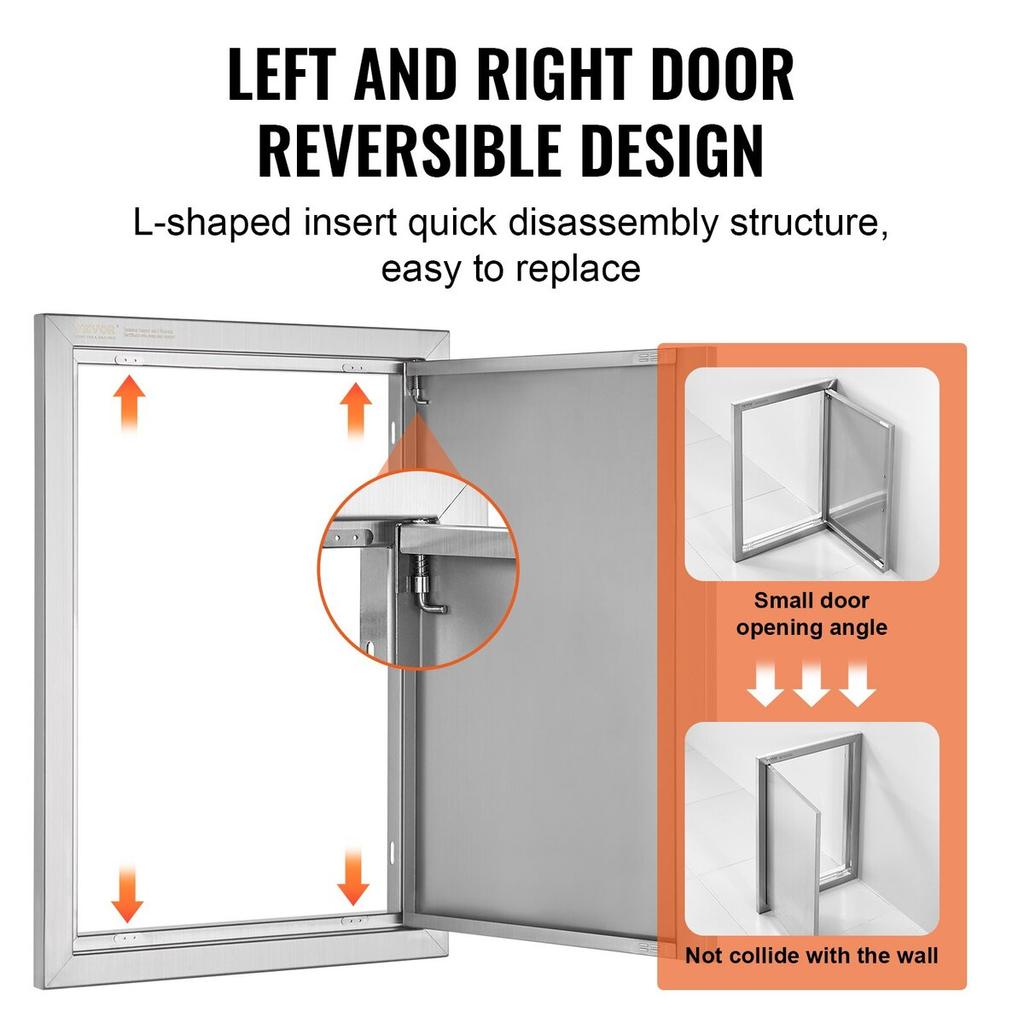 BBQ Access Door, 432x610 mm Single Outdoor Kitchen Door, Stainless Steel Flush Mount Door, Wall Vertical Door with Recessed Handle, for BBQ Island,