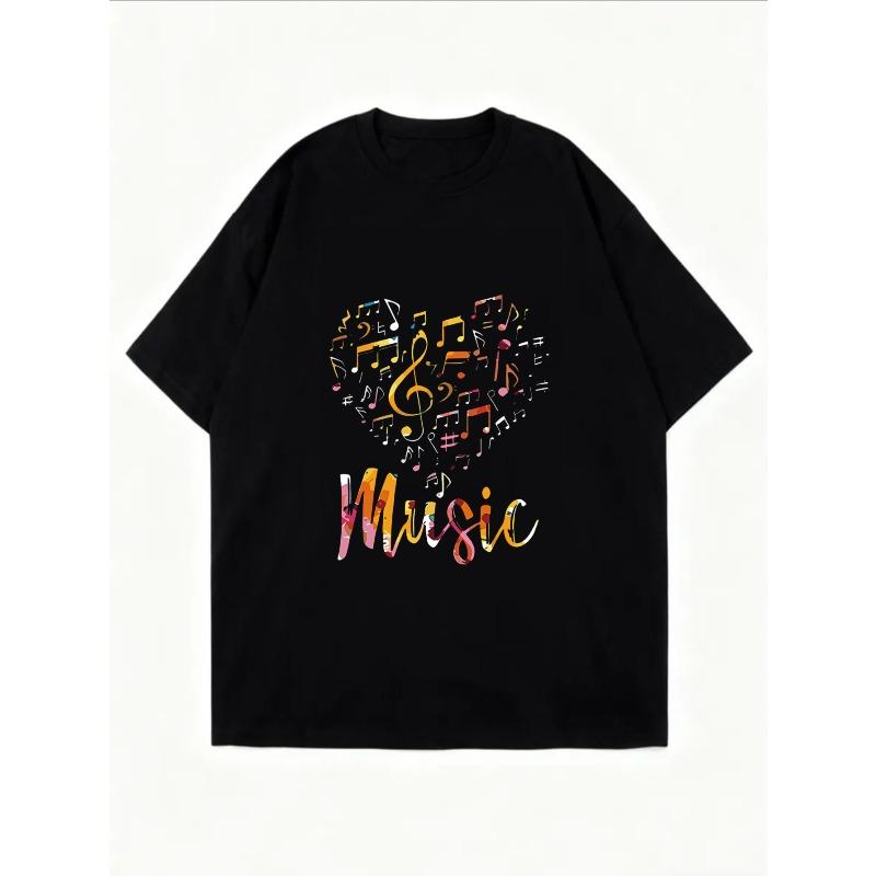 White Oversized T Shirt With Music Notes And Colorful Music Text For Casual Wear