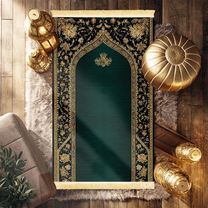 Emerald Gold Palace Pattern Prayer Rug Plush Velvet Worship Mat Tassel Edge Islamic Prayer Carpet for Home Bedroom