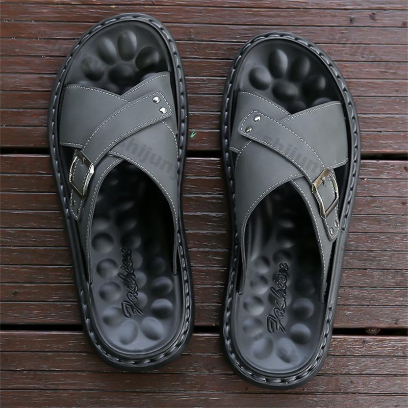 Large Size Men Slippers Summer Outdoor Breathable Non Slip Comfortable Casual Flats Fashion Buckle Strap Soft Sole Beach Shoes