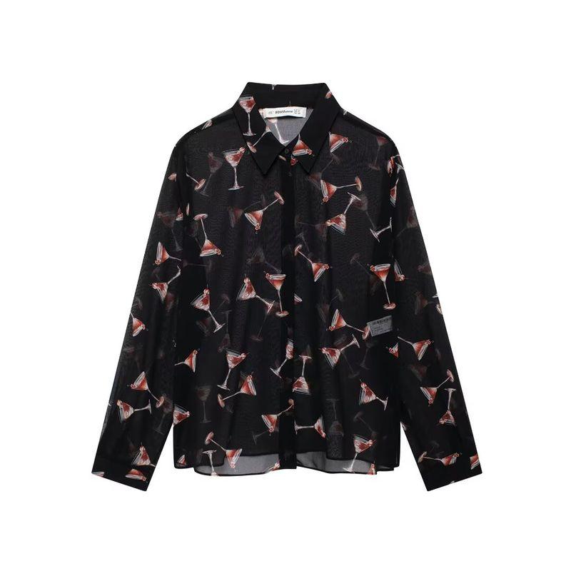 Kaslead New Arrival Women's Fashion Style Fashion All-Match Translucent Print Long Sleeves Shirt 9030213