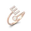 Capital E Initial Letter Pearl Women Adjustable Front Open Ring 925 Sterling Silver Rose Vermeil