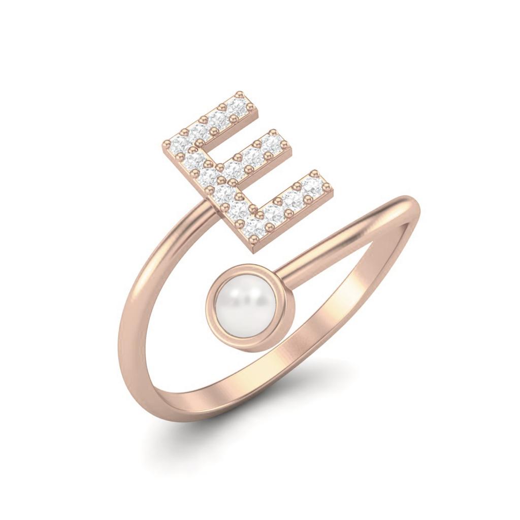 Capital E Initial Letter Pearl Women Adjustable Front Open Ring 925 Sterling Silver Rose Vermeil