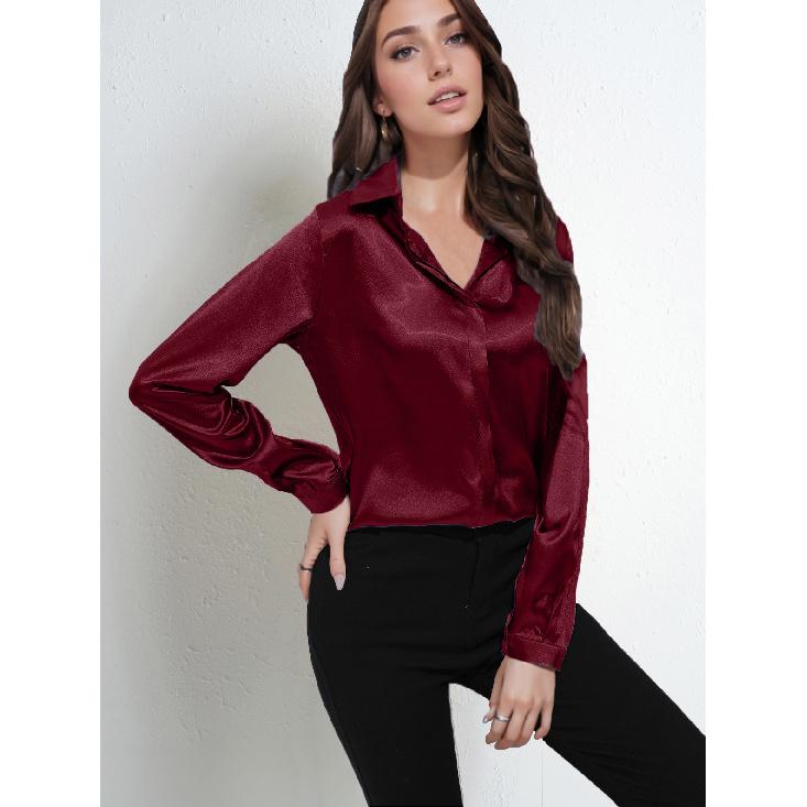 

Single-button satin shirt, elegant and suitable for work, long-sleeved shirt, new spring-summer loose top, women s shirt S темно-красного