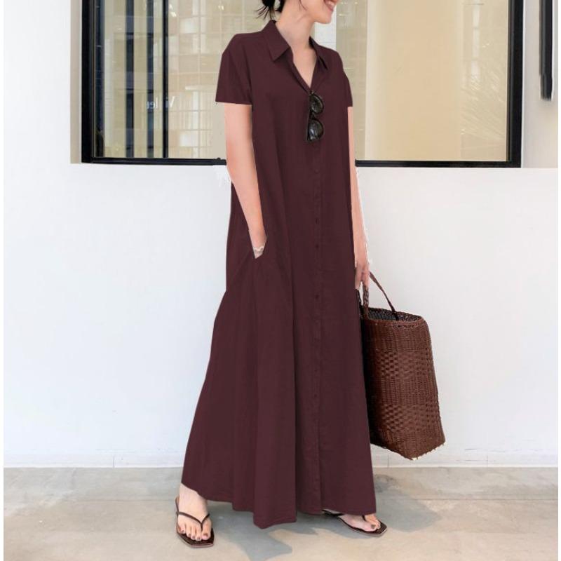 

New cotton and linen lapel short-sleeved pocket simple and loose casual long shirt dress temperament commuting S бордовый