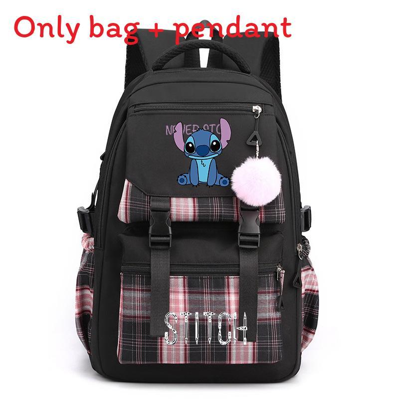 Cute Girl Backpack For School With Stitch Print And Checkered Patchwork Design For Middle School Students