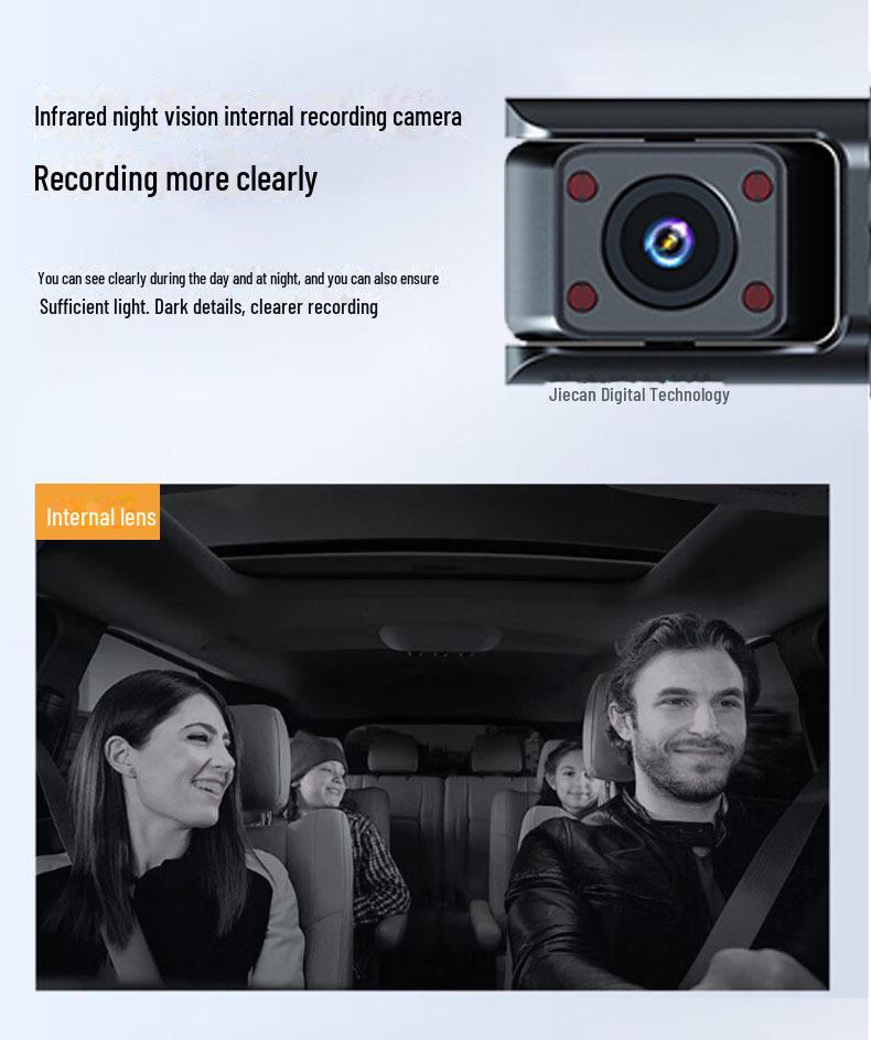 Dash Cam WiFi HD da 3 pollici con visione notturna e tripla lente per registrazione anteriore, interna e posteriore