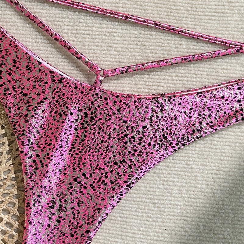 Sexy Shiny Leopard Print Drawstring Split Two Piece Bikini Swimsuit For Women