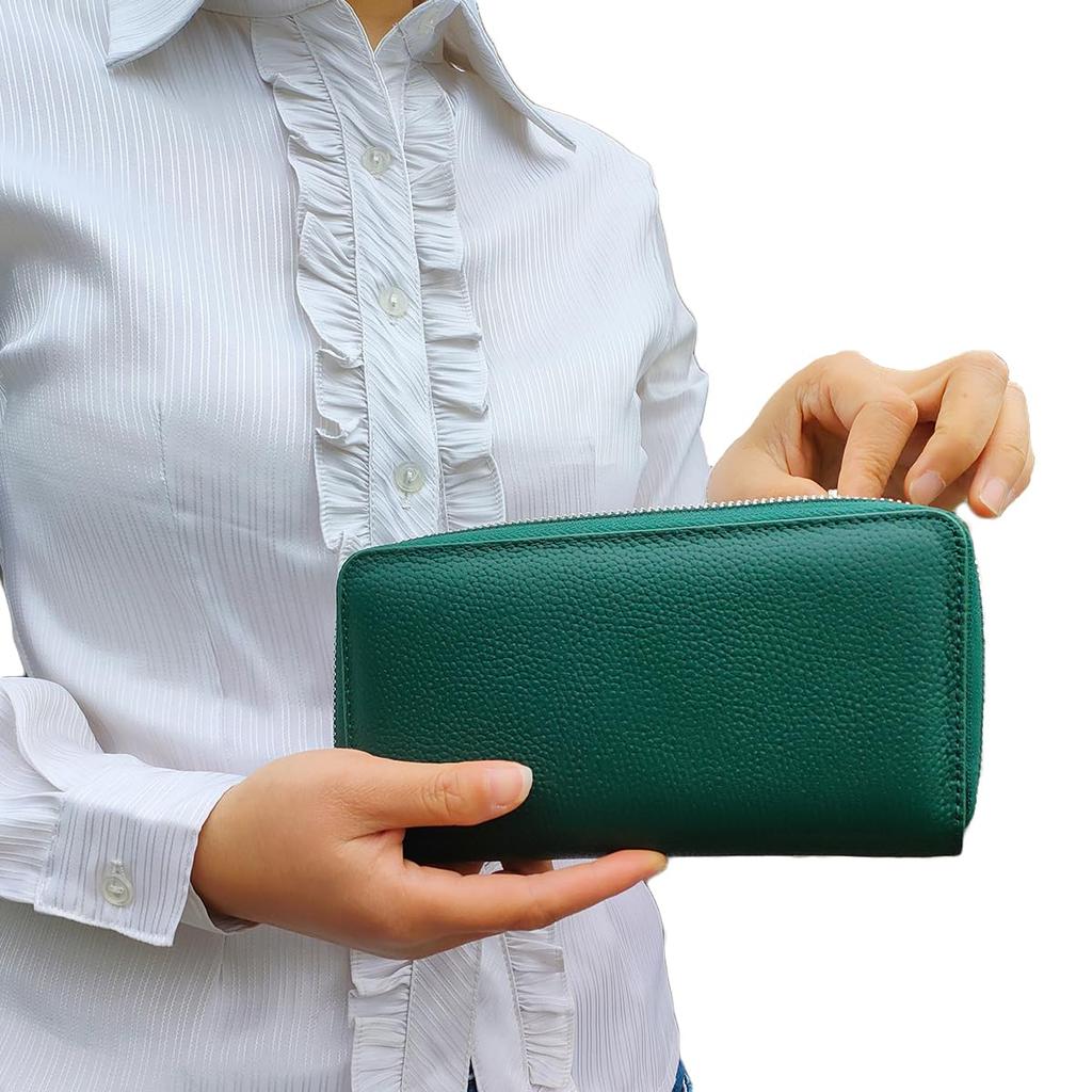 [viizimei] Damen Geldbörse aus echtem Leder, Langformat, Große Kapazität, Leicht, mit Münzfach, Schlichtes Retro-Design, Grün