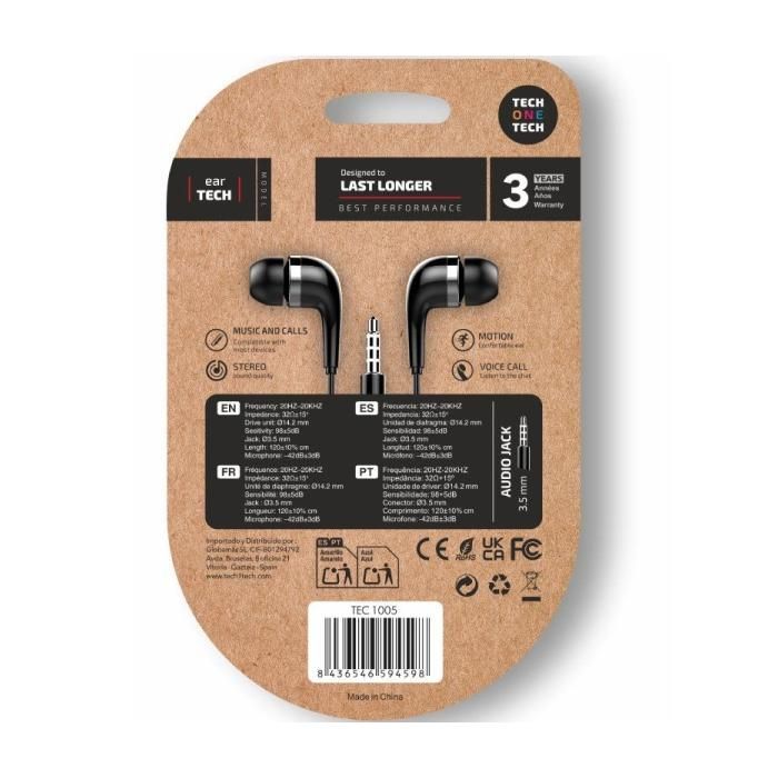 TECH ONE soft earTECH TEC1005 - Écouteurs intra-auriculaires filaires avec micro Jack 3,5 mm - Noir