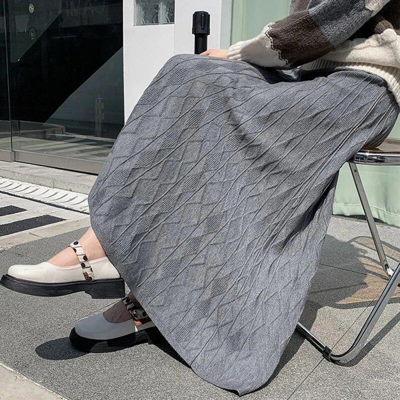 Women Solid Color Knitting Long Skirt Elegant All Match Diamond Grid A-line Skirt