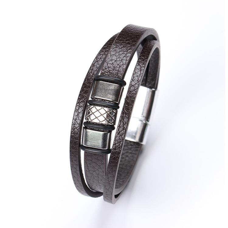 Trendy Multi-Layer Woven Leather Rope Bracelet with Stainless Steel