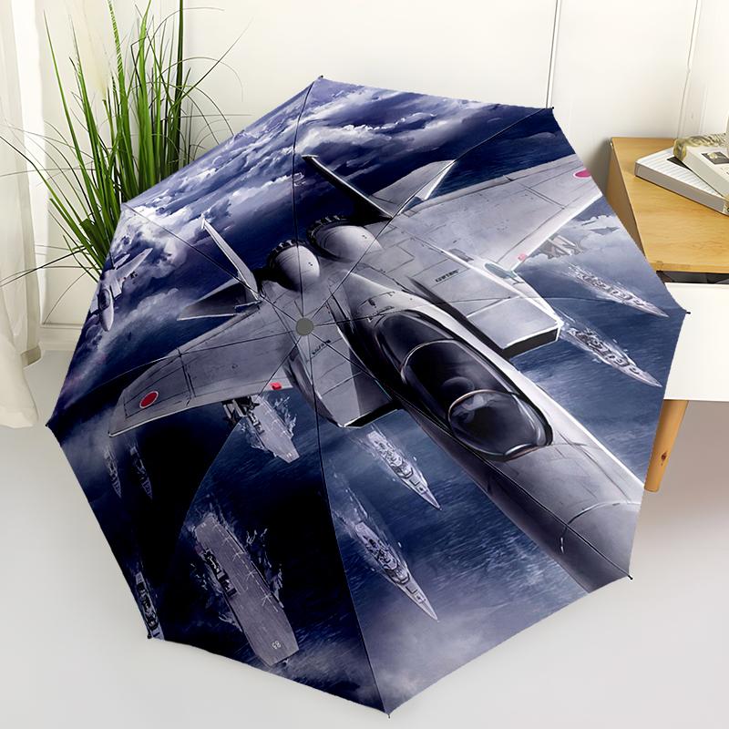 1pc Airplane Theme Pattern Umbrella Portable Folding Umbrella Iron Frame Hole Bone Structure Outdoor Home Umbrella