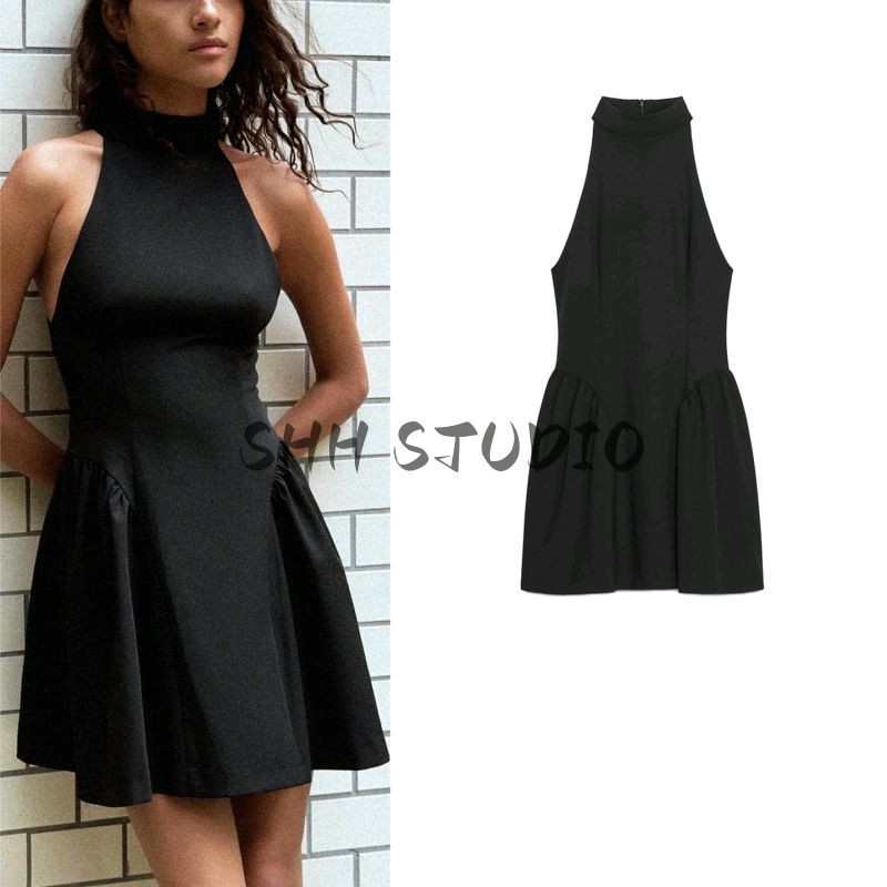 Autumn New Women's Clothing Minimalist Style Patchwork Lining Sleeveless Ruched Hanging Collar Short Dress 3067255