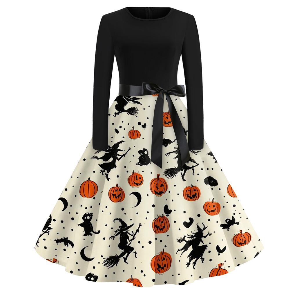 Women Casual Vintage Halloween Print Dress Long Sleeve Round Neck Retro Fit and Flare Midi Dress with Waist Tie Belt